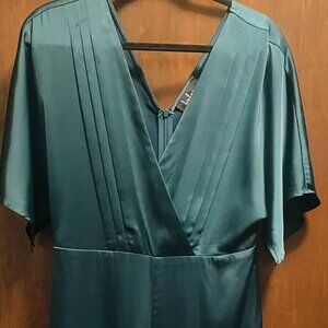 Lulus Kiss Me Now Emerald Green Satin Jumpsuit + Rhinestone Earrings, Gold Bang